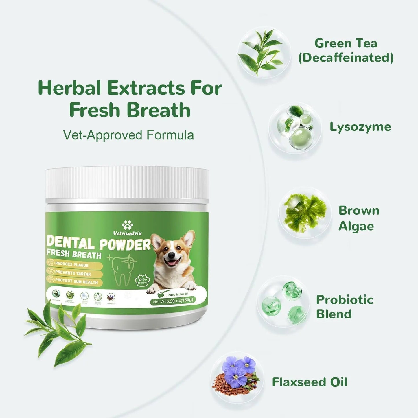 Vetriuntrix Dog Teeth Cleaning Powder, Dental Powder for Dogs Teeth Tartar Remove & Plaque Off, Fresh Breath for Dogs with Natural Plants Blend, Enzymes and Postbiotics, 80g - Maple Wellness Supplements