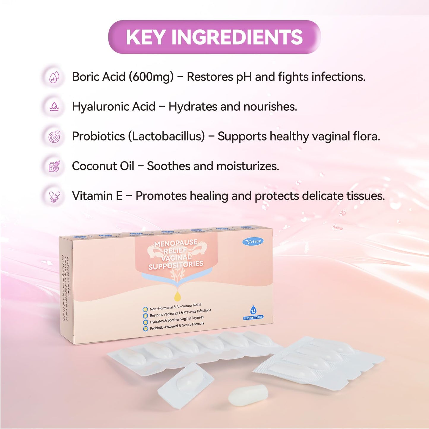 Vetrue Menopause Relief Vaginal Suppositories, Non-Hormonal, All-Natural Formula with Boric Acid, Hyaluronic Acid, Probiotics, Coconut Oil & Vitamin E, Soothes Vaginal Dryness & Discomfort(12 Inserts) - Maple Wellness Supplements