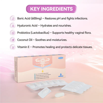 Vetrue Menopause Relief Vaginal Suppositories, Non-Hormonal, All-Natural Formula with Boric Acid, Hyaluronic Acid, Probiotics, Coconut Oil & Vitamin E, Soothes Vaginal Dryness & Discomfort(12 Inserts) - Maple Wellness Supplements