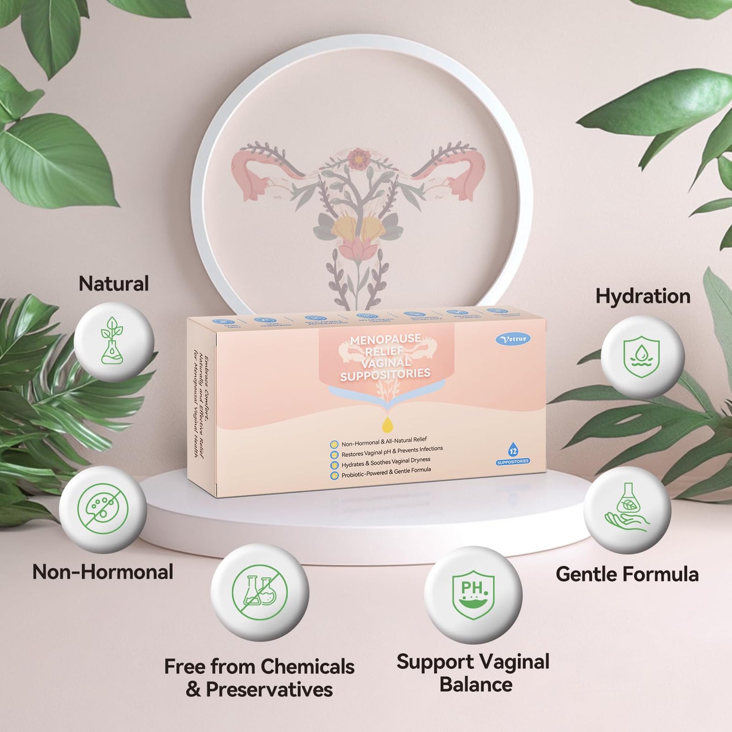 Vetrue Menopause Relief Vaginal Suppositories, Non-Hormonal, All-Natural Formula with Boric Acid, Hyaluronic Acid, Probiotics, Coconut Oil & Vitamin E, Soothes Vaginal Dryness & Discomfort(12 Inserts) - Maple Wellness Supplements