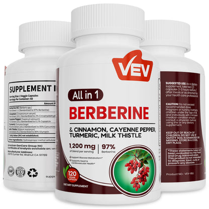 VEV Berberine Supplement with Ceylon Cinnamon, Cayenne Pepper, Turmeric, Milk Thistle, Vegan & Non-GMO – 120 Capsules - Maple Wellness Supplements