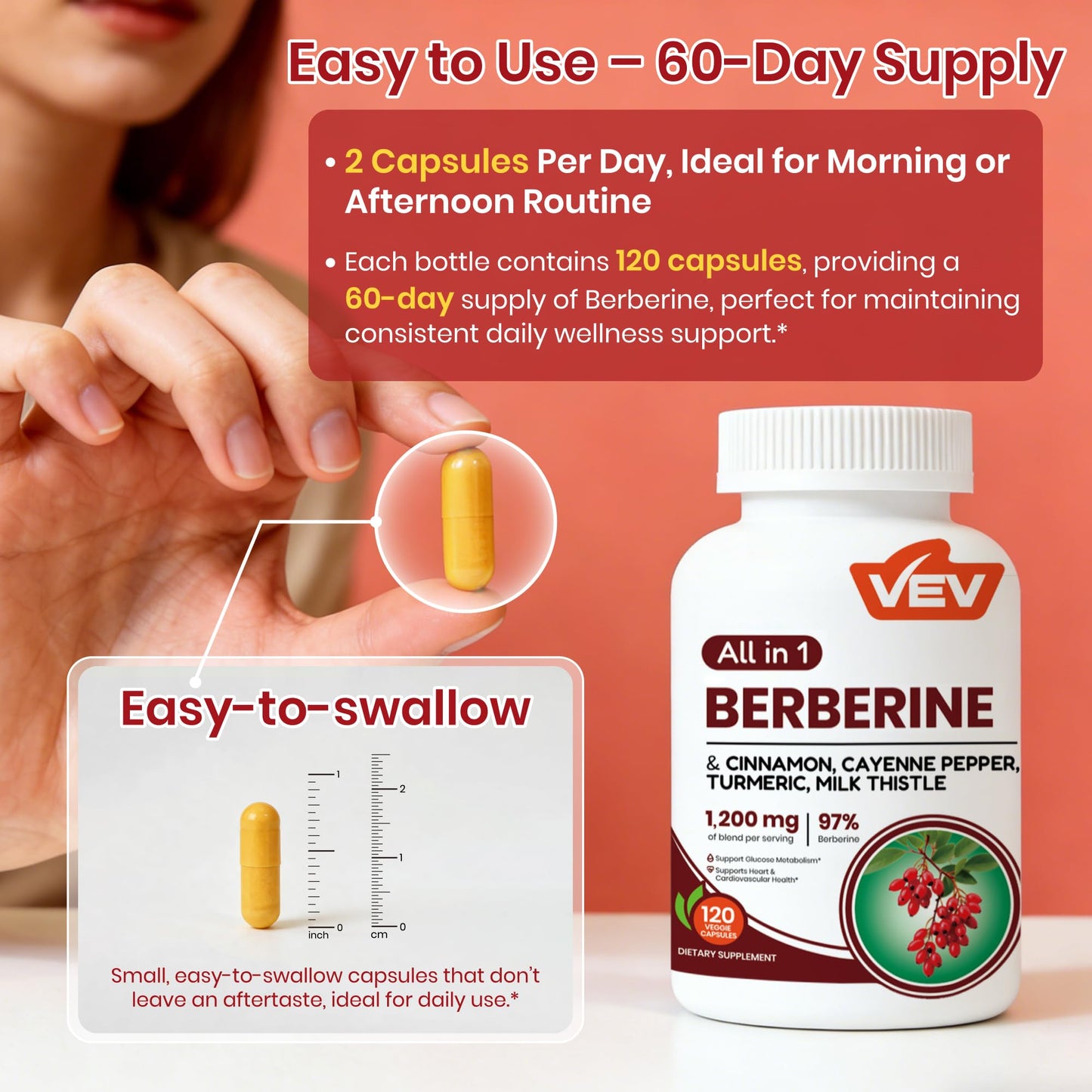 VEV Berberine Supplement with Ceylon Cinnamon, Cayenne Pepper, Turmeric, Milk Thistle, Vegan & Non-GMO – 120 Capsules - Maple Wellness Supplements