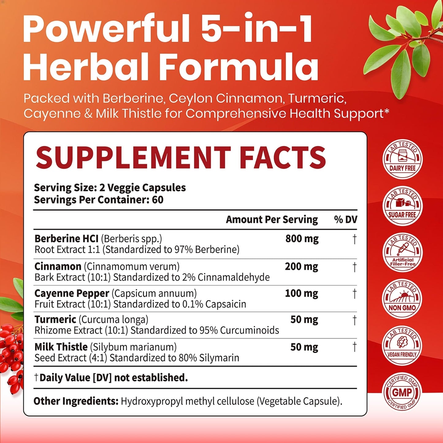 VEV Berberine Supplement with Ceylon Cinnamon, Cayenne Pepper, Turmeric, Milk Thistle, Vegan & Non-GMO – 120 Capsules - Maple Wellness Supplements