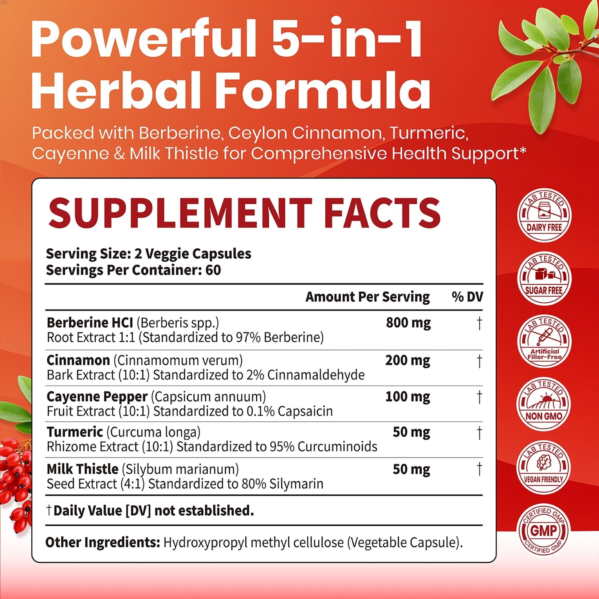 VEV Berberine Supplement with Ceylon Cinnamon, Cayenne Pepper, Turmeric, Milk Thistle, Vegan & Non-GMO – 120 Capsules - Maple Wellness Supplements