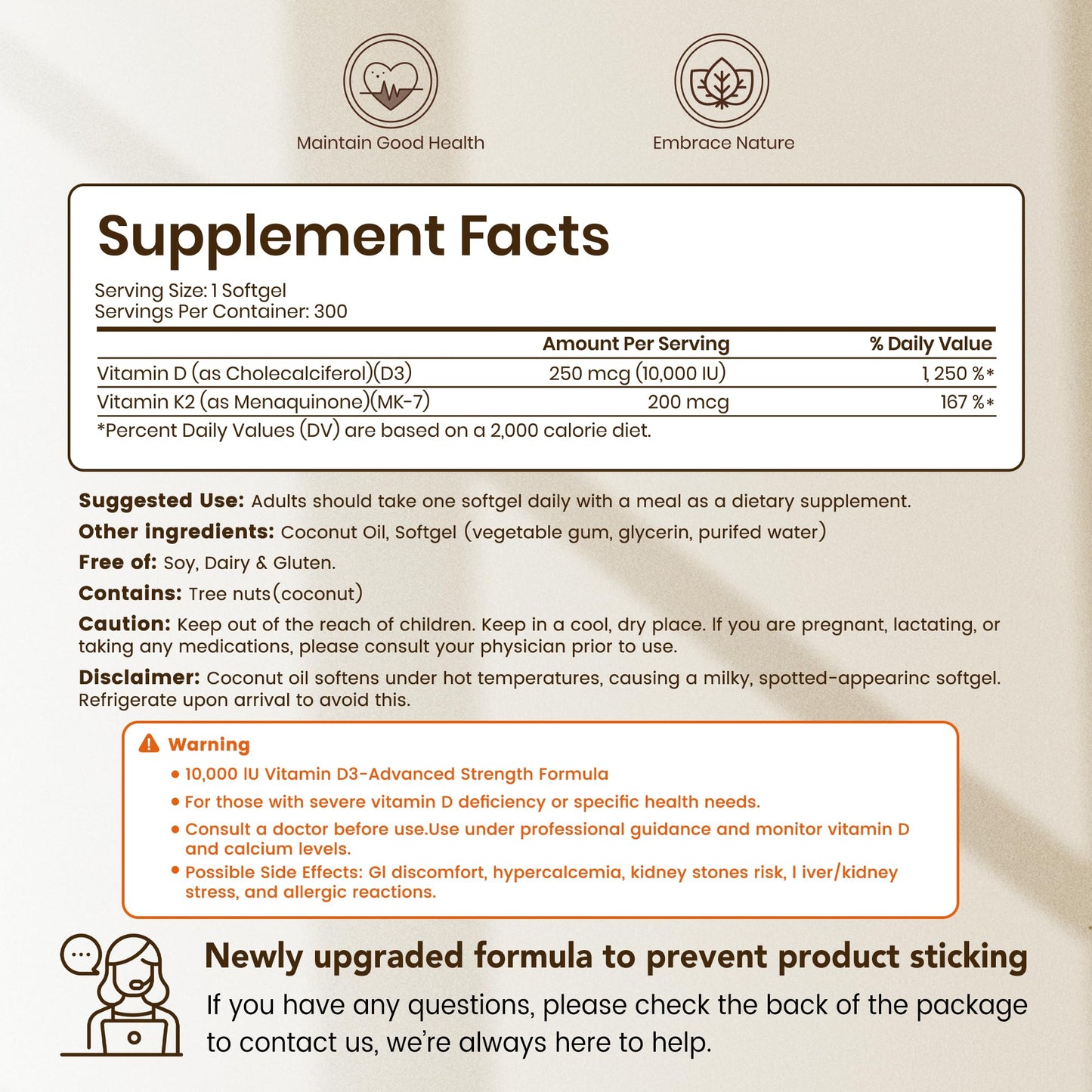 VEV Corefeel Vitamin D3 K2 10,000 IU, 200 mcg MK-7, 300 Coconut Oil Softgels, 2 in 1 Vitamins Supplement D & K (Include MK7), Easy to Swallow - Maple Wellness Supplements