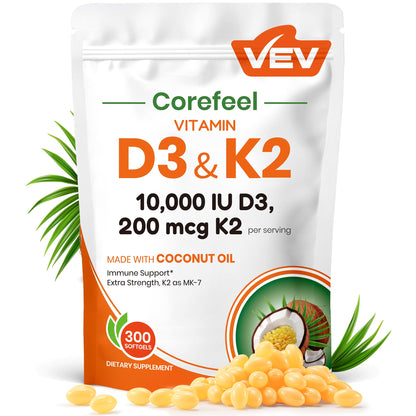 VEV Corefeel Vitamin D3 K2 10,000 IU, 200 mcg MK-7, 300 Coconut Oil Softgels, 2 in 1 Vitamins Supplement D & K (Include MK7), Easy to Swallow - Maple Wellness Supplements