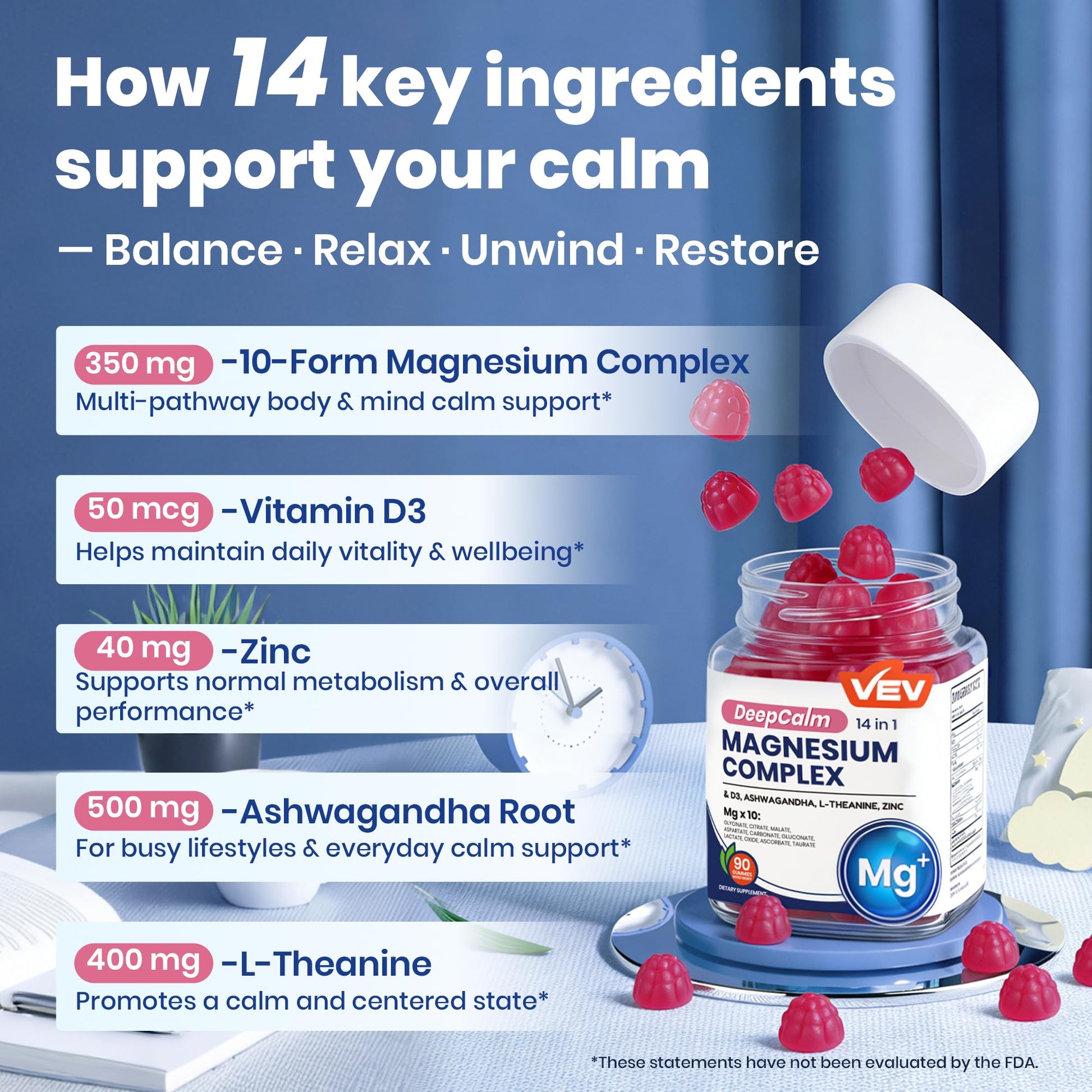 VEV Deep Calm Magnesium Complex 14-in-1 Gummies with Ashwagandha, L-Theanine, Vitamin D3 & Zinc for Women and Men, Vegan Magnesium Glycinate Gummies, 90 Gummies, Pack of 1 - Maple Wellness Supplements