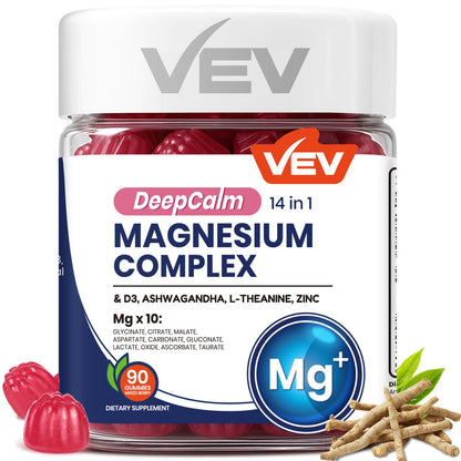 VEV Deep Calm Magnesium Complex 14-in-1 Gummies with Ashwagandha, L-Theanine, Vitamin D3 & Zinc for Women and Men, Vegan Magnesium Glycinate Gummies, 90 Gummies, Pack of 1 - Maple Wellness Supplements