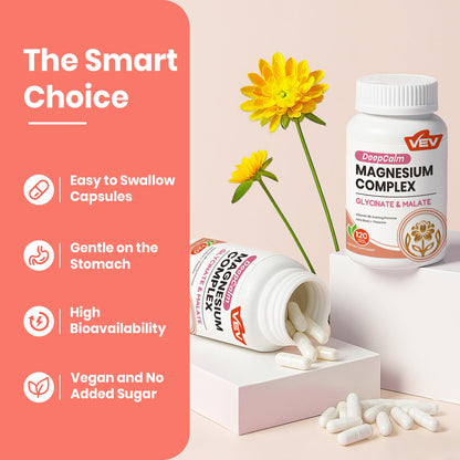 VEV Deep Calm Magnesium Complex for Women – Glycinate, Malate, B6, L-Theanine & Holy Basil – Support for Daily Magnesium & Stress Relief – 120 Vegan Capsules - Maple Wellness Supplements