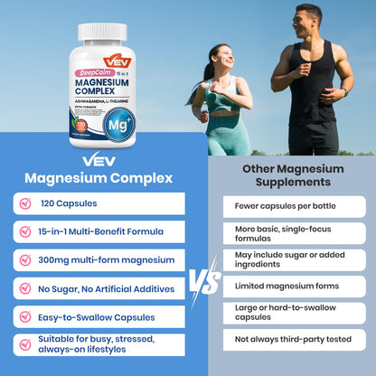 VEV DeepCalm Magnesium Complex for Women – 15-in-1 Glycinate & Citrate Capsules with Ashwagandha & L-Theanine – 120 Vegan Capsules - Maple Wellness Supplements