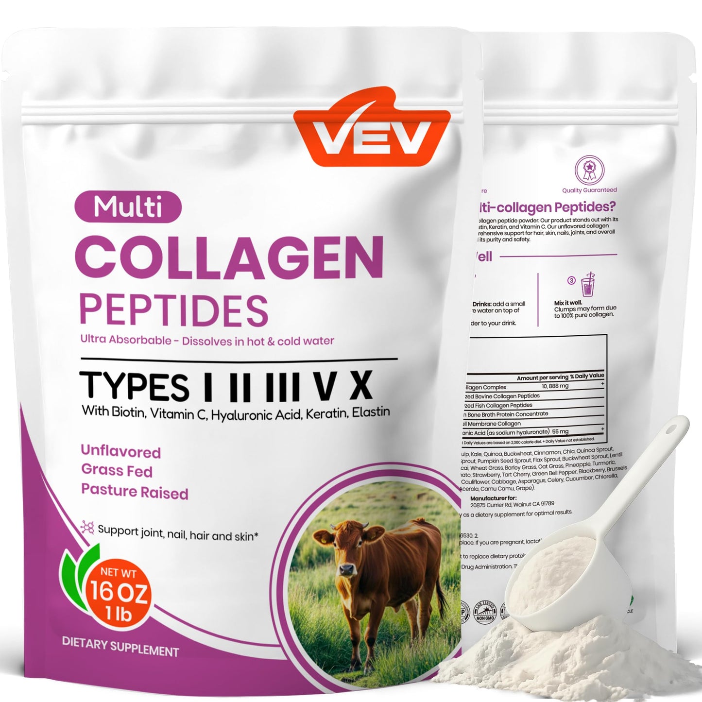 VEV Multi Collagen Peptides Powder, 16 oz (41 Servings) – Type I, II, III, V, X, Hydrolyzed Collagen, Hyaluronic Acid, Biotin, Vitamin C - Maple Wellness Supplements