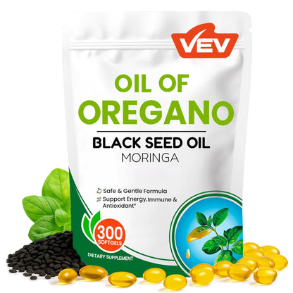 VEV Oil of Oregano with Black Seed Oil & Moringa, Organic, 300 Softgels, Aceite de Orégano, Carvacrol-Rich, Opaque Airtight Packaging - Maple Wellness Supplements