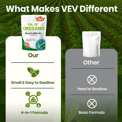 VEV Oil of Oregano with Black Seed Oil & Moringa, Organic, 300 Softgels, Aceite de Orégano, Carvacrol-Rich, Opaque Airtight Packaging - Maple Wellness Supplements