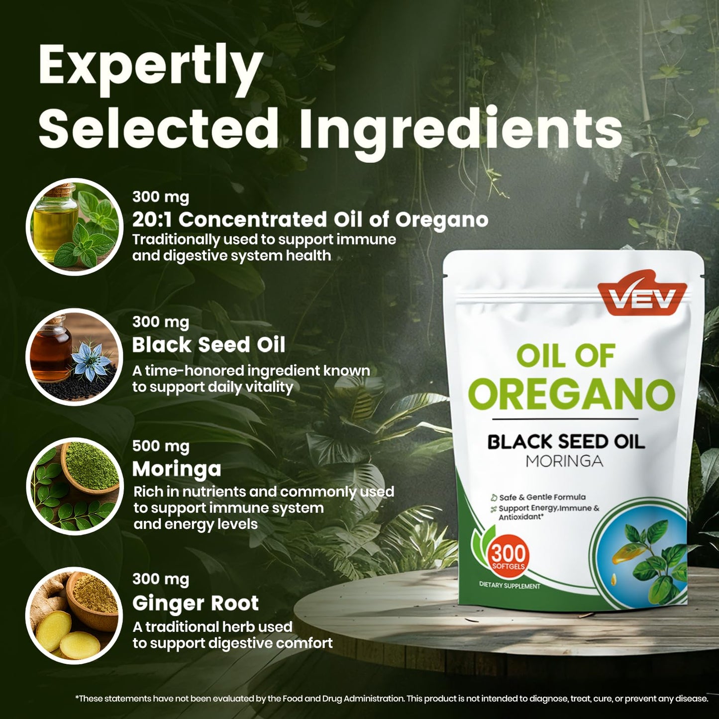 VEV Oil of Oregano with Black Seed Oil & Moringa, Organic, 300 Softgels, Aceite de Orégano, Carvacrol-Rich, Opaque Airtight Packaging - Maple Wellness Supplements