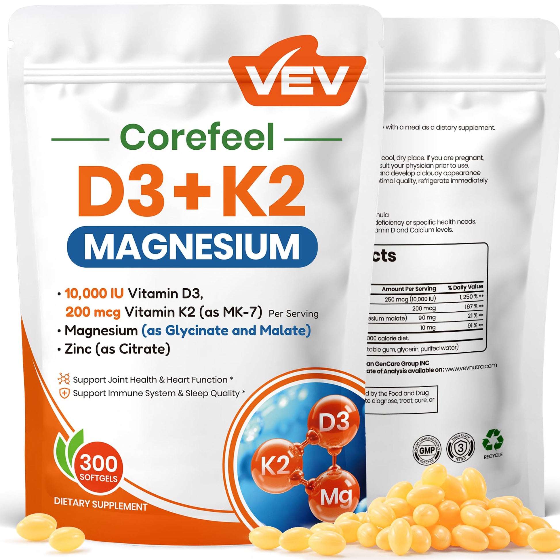VEV Vitamin D3 K2 10,000 IU Magnesium Supplement – with Vitamin D and K (MK-7), Magnesium Glycinate & Malate, Zinc Citrate - Maple Wellness Supplements