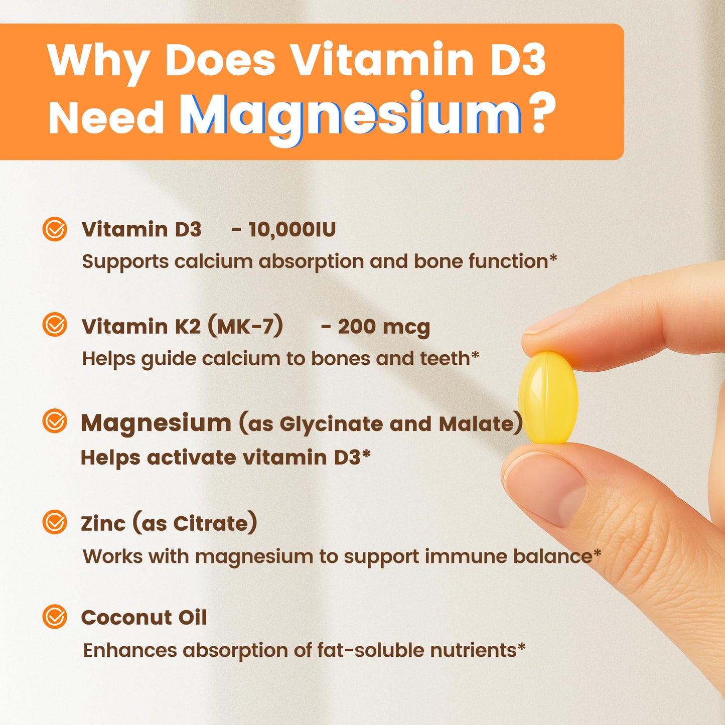 VEV Vitamin D3 K2 10,000 IU Magnesium Supplement – with Vitamin D and K (MK-7), Magnesium Glycinate & Malate, Zinc Citrate - Maple Wellness Supplements