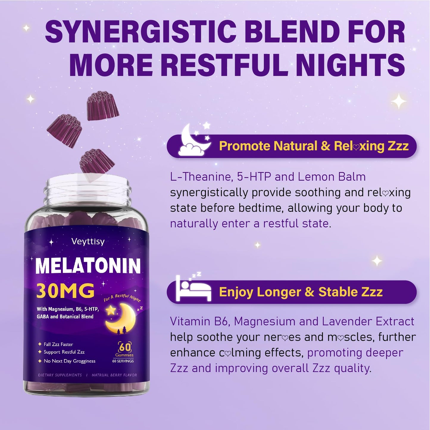 Veyttisy Melatonin 30mg Gummies for Adults - Sugar Free Melatonin Gummies Maximum Strength with Magnesium, B6, GABA & Botanical Blend - Non-Habit Forming,Vegan - Maple Wellness Supplements
