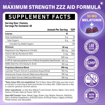 Veyttisy Melatonin 30mg Gummies for Adults - Sugar Free Melatonin Gummies Maximum Strength with Magnesium, B6, GABA & Botanical Blend - Non-Habit Forming,Vegan - Maple Wellness Supplements