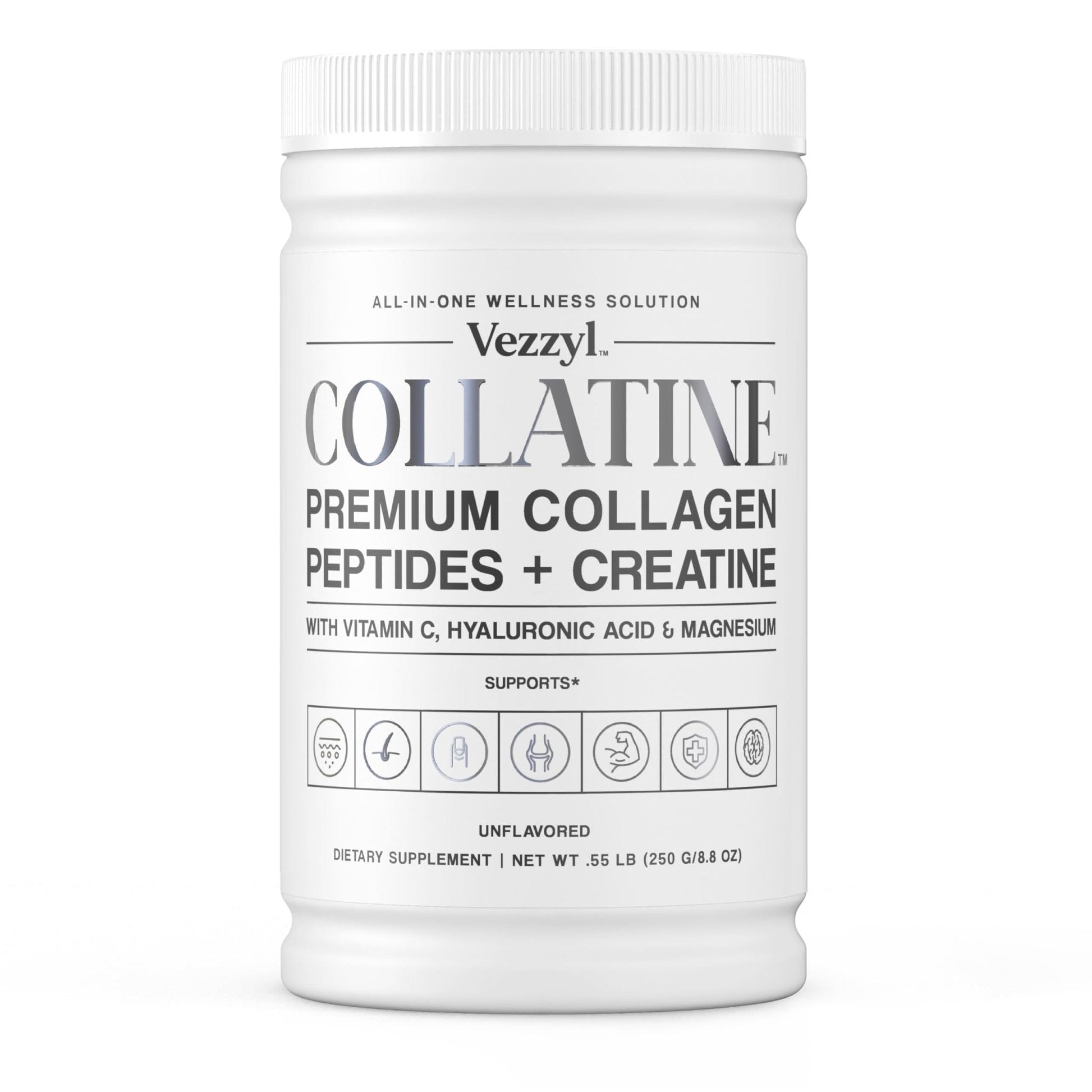 Vezzyl - Collatine - Premium Collagen Peptides + Creatine with Vitamin C, Hyaluronic Acid and Magnesium for Skin, Hair, Nails, Bone & Joint, Muscle, Immune and Cognitive Aid (.55 LB (250 G/8.8 OZ) - Maple Wellness Supplements