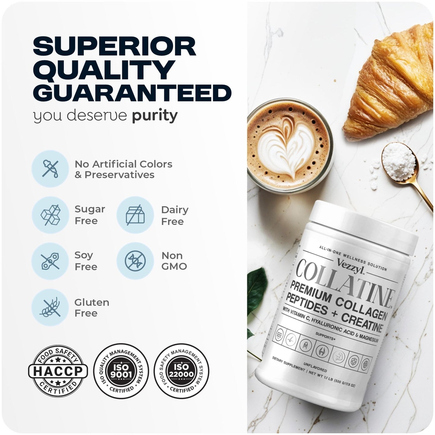 Vezzyl - Collatine - Premium Collagen Peptides + Creatine with Vitamin C, Hyaluronic Acid and Magnesium for Skin, Hair, Nails, Bone & Joint, Muscle, Immune and Cognitive Aid (.55 LB (250 G/8.8 OZ) - Maple Wellness Supplements