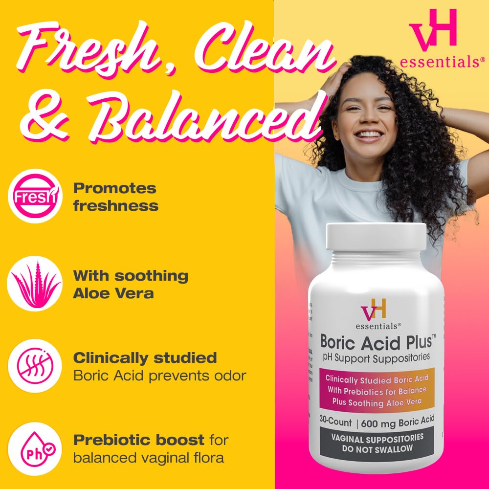 vH Essentials Boric Acid Plus Vaginal Suppositories, Prebiotic Infused with Soothing Aloe Vera, pH Support Formula Fights Odor and Promotes Freshness, 600mg Boric Acid, 30 Count - Maple Wellness Supplements