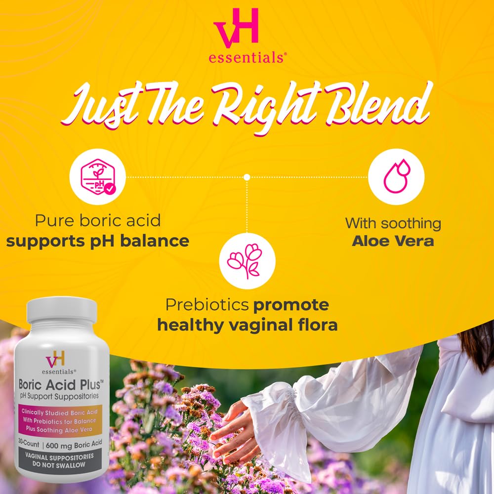 vH Essentials Boric Acid Plus Vaginal Suppositories, Prebiotic Infused with Soothing Aloe Vera, pH Support Formula Fights Odor and Promotes Freshness, 600mg Boric Acid, 30 Count - Maple Wellness Supplements