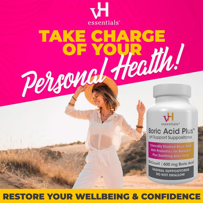 vH Essentials Boric Acid Plus Vaginal Suppositories, Prebiotic Infused with Soothing Aloe Vera, pH Support Formula Fights Odor and Promotes Freshness, 600mg Boric Acid, 30 Count - Maple Wellness Supplements