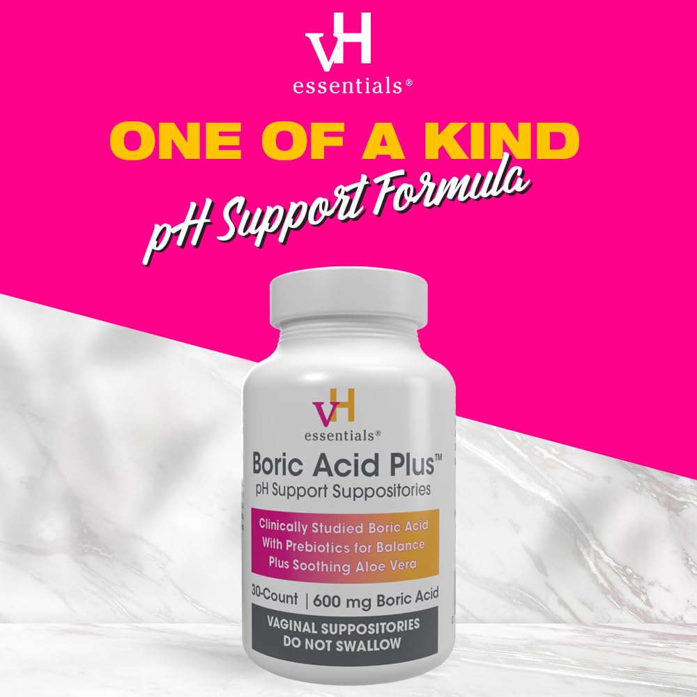 vH Essentials Boric Acid Plus Vaginal Suppositories, Prebiotic Infused with Soothing Aloe Vera, pH Support Formula Fights Odor and Promotes Freshness, 600mg Boric Acid, 30 Count - Maple Wellness Supplements