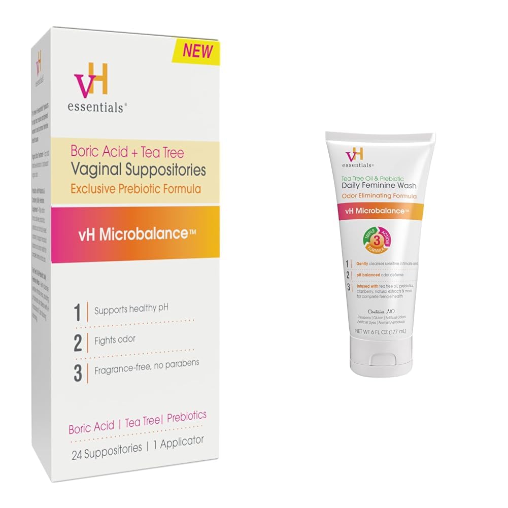 vH essentials Vaginal Health Bundle - Boric Acid + Tea Tree Suppositories (24 Count) + Tea Tree & Prebiotic Feminine Wash (6 Fl Oz) - Maple Wellness Supplements