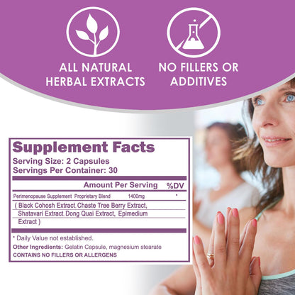 VH Nutrition Perimenopause Supplement for Women | Hot Flash, Mood, and Menstruation Cycle Support | 100% Herbal Formula: Black Cohosh, Vitex, & Shatavari. No Additives, or Fillers - Maple Wellness Supplements
