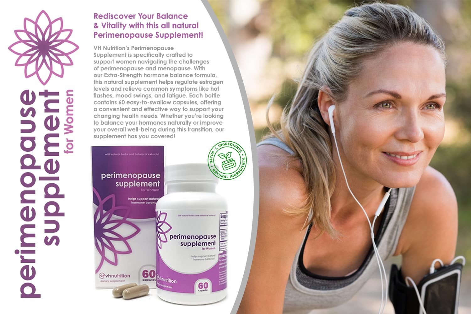 VH Nutrition Perimenopause Supplement for Women | Hot Flash, Mood, and Menstruation Cycle Support | 100% Herbal Formula: Black Cohosh, Vitex, & Shatavari. No Additives, or Fillers - Maple Wellness Supplements