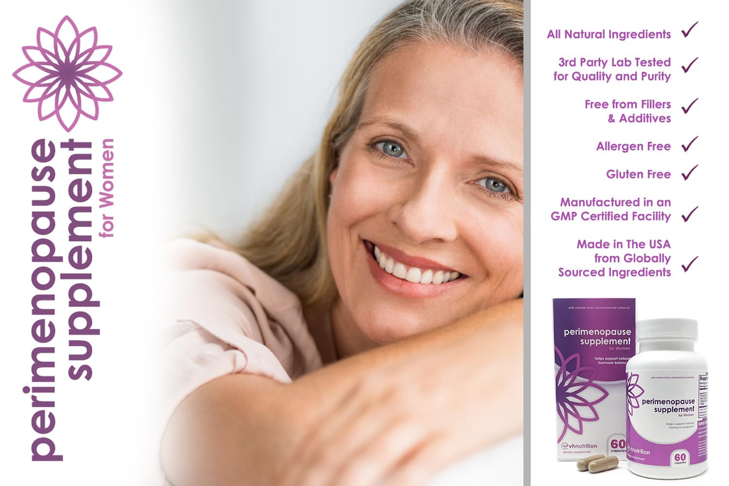 VH Nutrition Perimenopause Supplement for Women | Hot Flash, Mood, and Menstruation Cycle Support | 100% Herbal Formula: Black Cohosh, Vitex, & Shatavari. No Additives, or Fillers - Maple Wellness Supplements