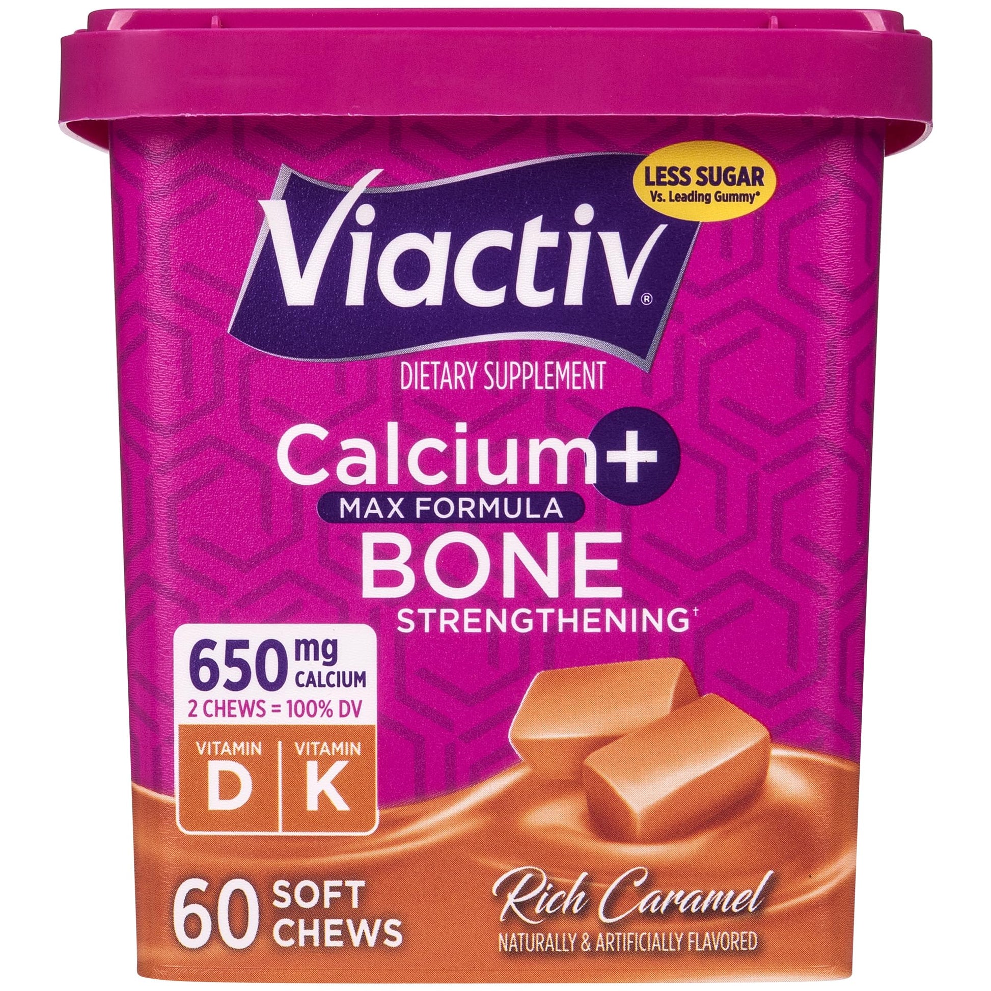 Viactiv Calcium + Vitamin D Supplement Soft Chews for Women & Men - Chewable Calcium for Bone Health Support, 650 mg per Serving, Vitamin D & K for High Absorption - 60 Count, Caramel - Maple Wellness Supplements