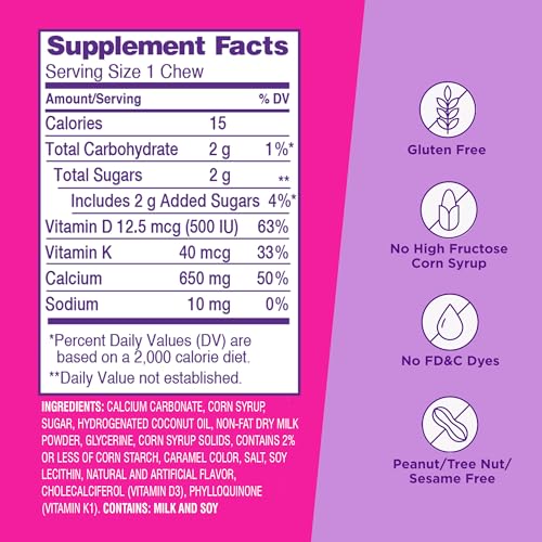 Viactiv Calcium + Vitamin D Supplement Soft Chews for Women & Men - Chewable Calcium for Bone Health Support, 650 mg per Serving, Vitamin D & K for High Absorption - 60 Count, Caramel - Maple Wellness Supplements
