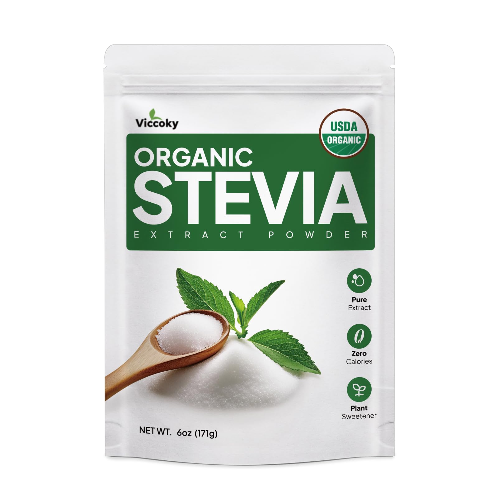 Viccoky Organic Stevia Powder 6oz (171g), Pure Stevia Extract Powder, Sugar-Free & 0 Calories, No Additives - Maple Wellness Supplements