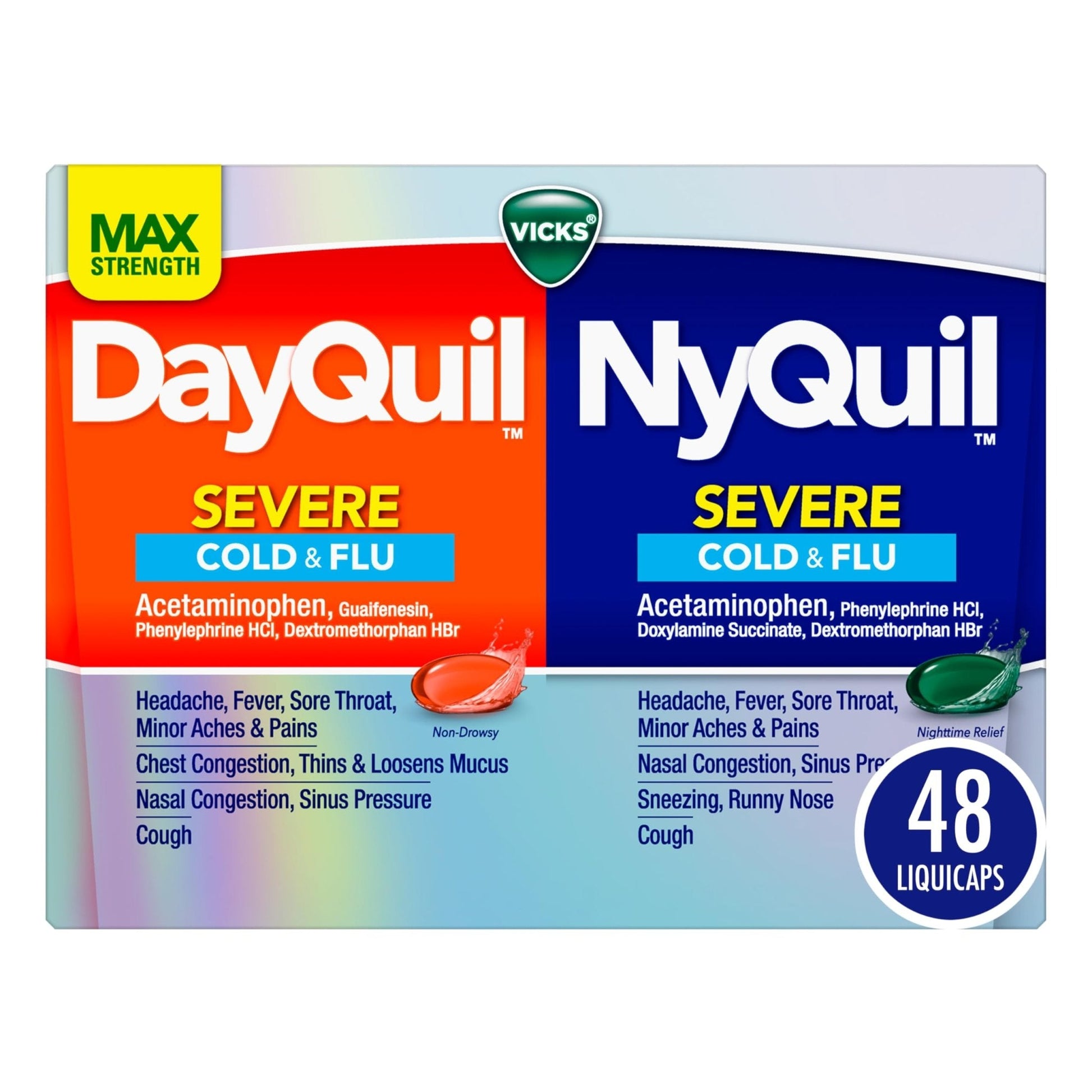 Vicks Dayquil & Nyquil Severe Co-Pack, Cold & Flu Medicine, Powerful Relief For Headache, Fever, Sore Throat, Minor Aches & Pains, Congestion, Sinus Pressure, Stuffy Nose, And Cough, 48 Liquicaps - Maple Wellness Supplements