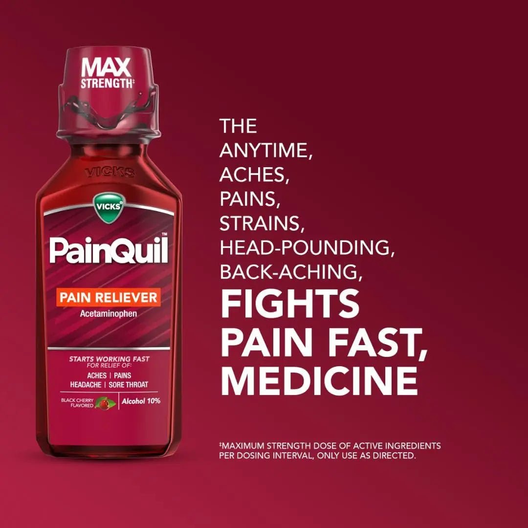 Vicks PainQuil Pain Relief Acetaminophen 1000mg Max Strength‡ Adult Pain Reliever Liquid 12oz, Backache Headache Relief, 1 Daytime Pain Reliever - Maple Wellness Supplements