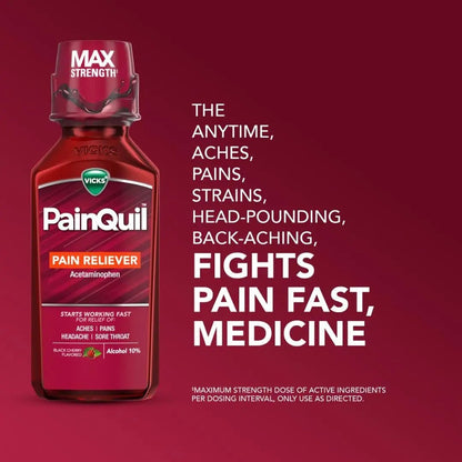 Vicks PainQuil Pain Relief Acetaminophen 1000mg Max Strength‡ Adult Pain Reliever Liquid 12oz, Backache Headache Relief, 1 Daytime Pain Reliever - Maple Wellness Supplements