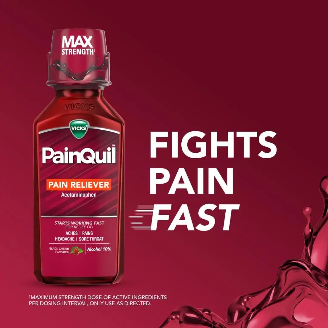 Vicks PainQuil Pain Relief Acetaminophen 1000mg Max Strength‡ Adult Pain Reliever Liquid 12oz, Backache Headache Relief, 1 Daytime Pain Reliever - Maple Wellness Supplements