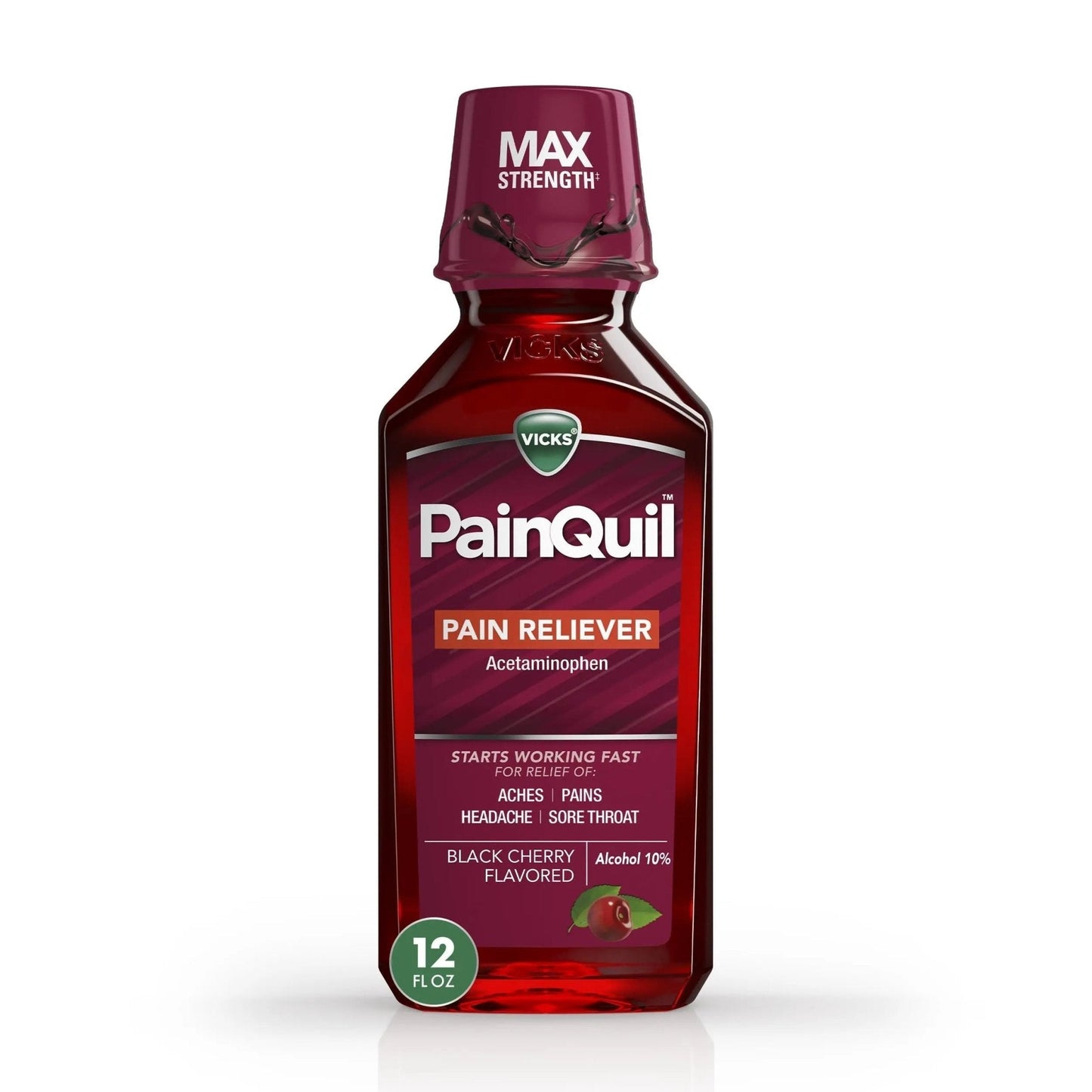 Vicks PainQuil Pain Relief Acetaminophen 1000mg Max Strength‡ Adult Pain Reliever Liquid 12oz, Backache Headache Relief, 1 Daytime Pain Reliever - Maple Wellness Supplements