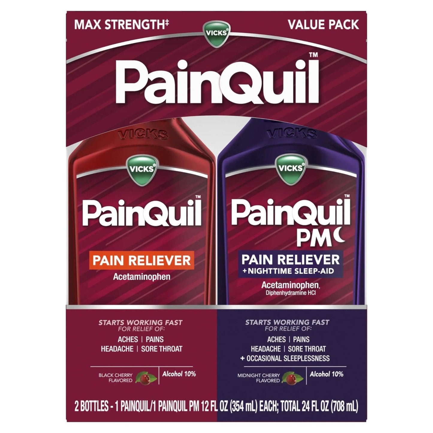Vicks PainQuil & PainQuil PM Pain Relief Liquid, 1000mg Acetaminophen, 2x12 oz - Maple Wellness Supplements