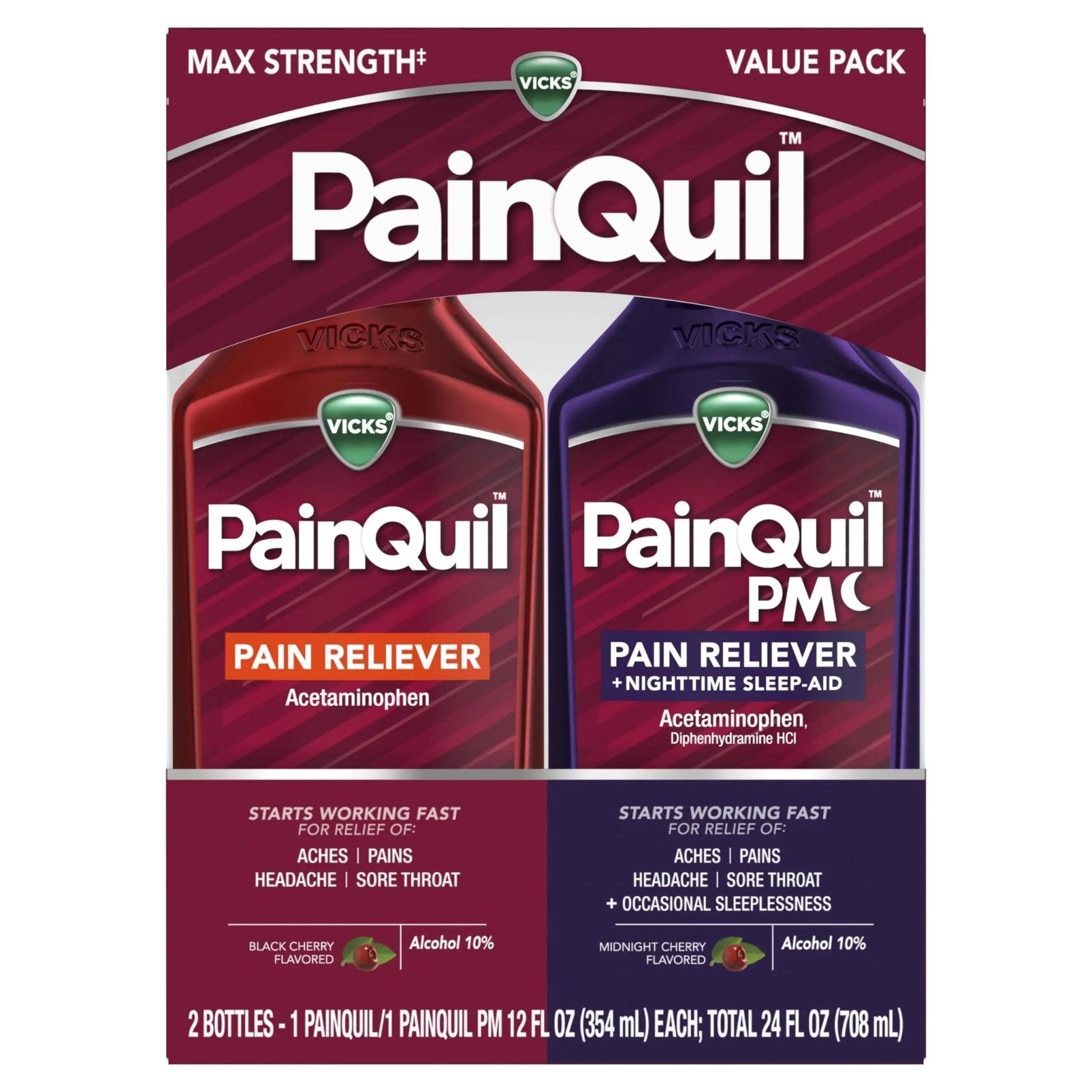 Vicks PainQuil & PainQuil PM Pain Relief Liquid, 1000mg Acetaminophen, 2x12 oz - Maple Wellness Supplements