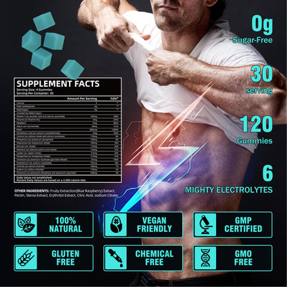 VIFSSG Electrolytes Gummies No Sugar, 120 Chewable Electrolyte Gummies with 6 Electrolytes for Runners and Endurance Sports, Refreshing Blue Raspberry, Hydration Electrolyte Chews, 1 Pack - Maple Wellness Supplements