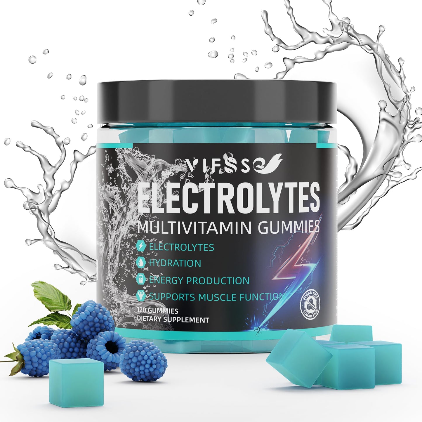 VIFSSG Electrolytes Gummies No Sugar, 120 Chewable Electrolyte Gummies with 6 Electrolytes for Runners and Endurance Sports, Refreshing Blue Raspberry, Hydration Electrolyte Chews, 1 Pack - Maple Wellness Supplements