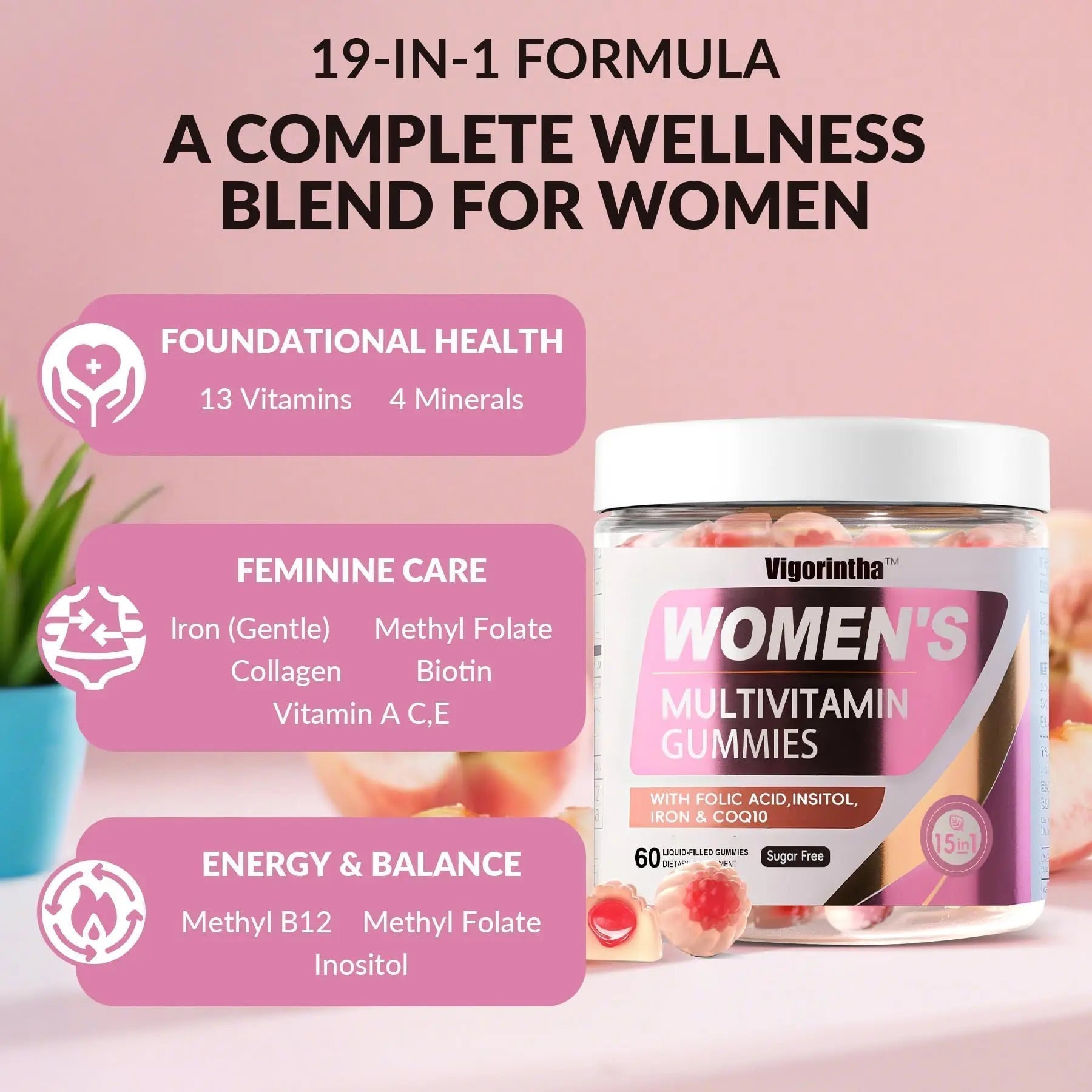 Vigorintha 2 Pack Sugar Free Womens Multivitamin Gummies with 19 Multi Vitamins & Minerals,Iron,Calcium,Folate,Biotin,Inositol - Maple Wellness Supplements