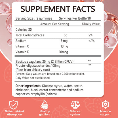 Vikaywoo Probiotic Fiber Gummies for Adults, No Sugar Added Strawberry Flavor– 2 Billion CFUs –Vitamin C,Vitamin D–Digestive Health & Regularity Support(120 Count) - Maple Wellness Supplements