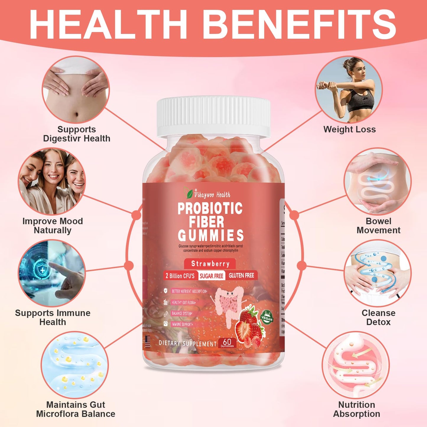 Vikaywoo Probiotic Fiber Gummies for Adults, No Sugar Added Strawberry Flavor– 2 Billion CFUs –Vitamin C,Vitamin D–Digestive Health & Regularity Support(120 Count) - Maple Wellness Supplements