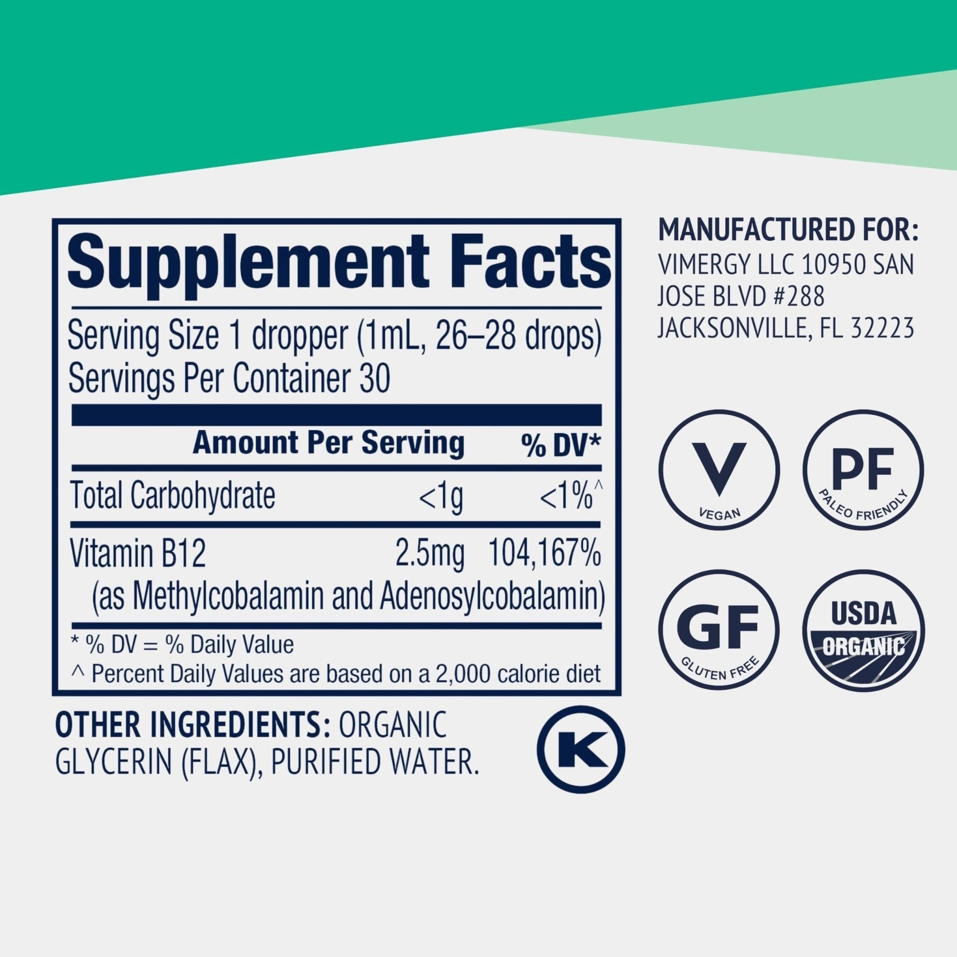 Vimergy USDA Organic Liquid Vitamin B12 Supplement 2500 mcg, Methylcobalamin & Adenosylcobalamin Fast-Absorbing Energy Support, Vegan, Non-GMO B12 Vitamins - Maple Wellness Supplements