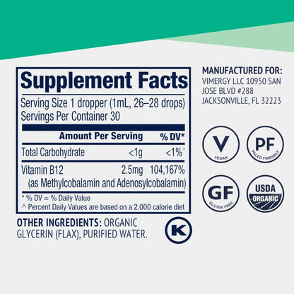 Vimergy USDA Organic Liquid Vitamin B12 Supplement 2500 mcg, Methylcobalamin & Adenosylcobalamin Fast-Absorbing Energy Support, Vegan, Non-GMO B12 Vitamins - Maple Wellness Supplements