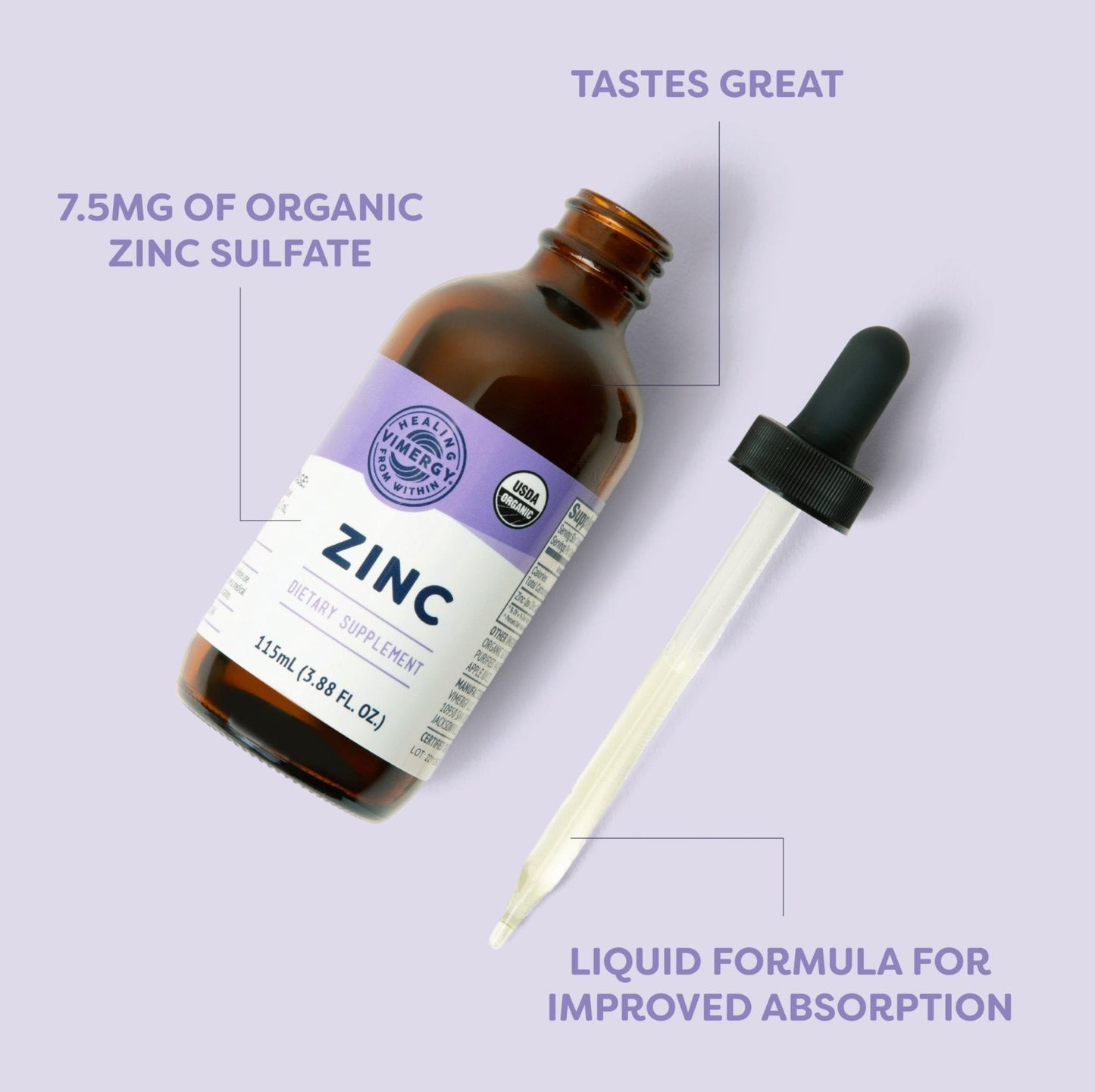VIMERGY USDA Organic Zinc Supplements for Women & Men (7.5mg Liquid Zinc Per Serving) Fast-Absorbing Immune Support - Maple Wellness Supplements